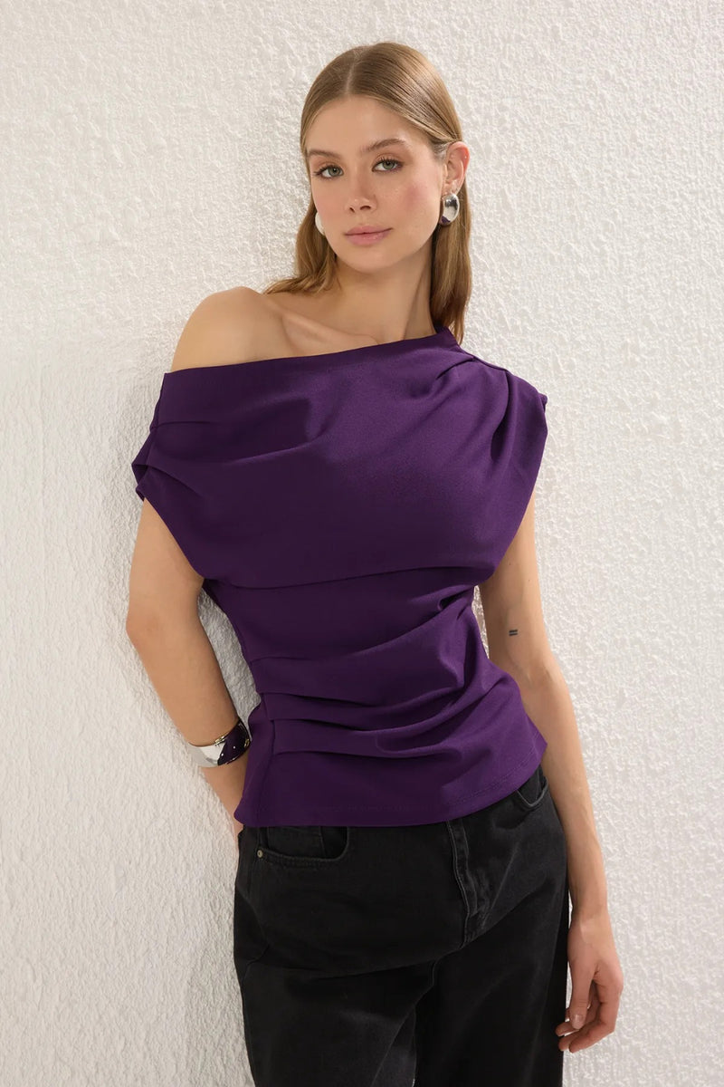 Draped, Gathered Detail Knit Blouse with Asymmetric Neckline