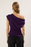 Draped, Gathered Detail Knit Blouse with Asymmetric Neckline