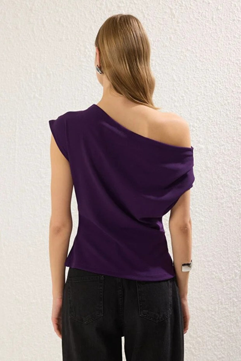 Draped, Gathered Detail Knit Blouse with Asymmetric Neckline