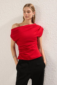 Draped, Gathered Detail Knit Blouse with Asymmetric Neckline