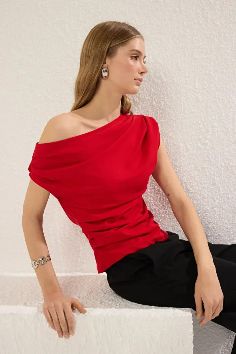 Draped, Gathered Detail Knit Blouse with Asymmetric Neckline