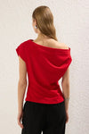 Draped, Gathered Detail Knit Blouse with Asymmetric Neckline