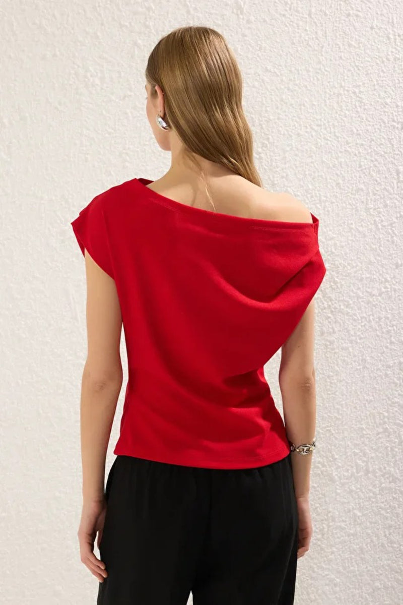 Draped, Gathered Detail Knit Blouse with Asymmetric Neckline