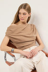 Draped, Gathered Detail Knit Blouse with Asymmetric Neckline