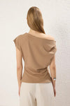 Draped, Gathered Detail Knit Blouse with Asymmetric Neckline