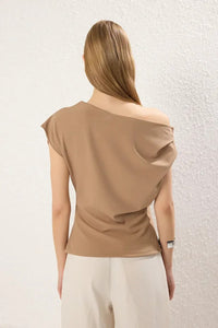 Draped, Gathered Detail Knit Blouse with Asymmetric Neckline