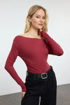 Plain Premium Soft Fabric Fitted Knit Blouse with Boat Neck