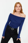 Plain Premium Soft Fabric Fitted Knit Blouse with Boat Neck