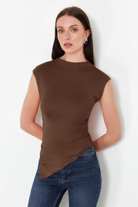 High Neck Asymmetric Fitted Knit Blouse with Draped/Gathered Detail