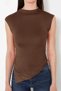 High Neck Asymmetric Fitted Knit Blouse with Draped/Gathered Detail
