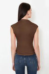 High Neck Asymmetric Fitted Knit Blouse with Draped/Gathered Detail