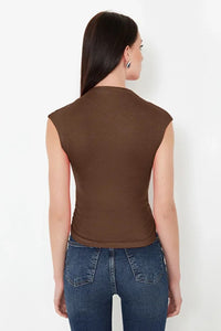 High Neck Asymmetric Fitted Knit Blouse with Draped/Gathered Detail