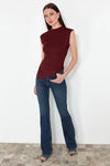 High Neck Asymmetric Fitted Knit Blouse with Draped/Gathered Detail