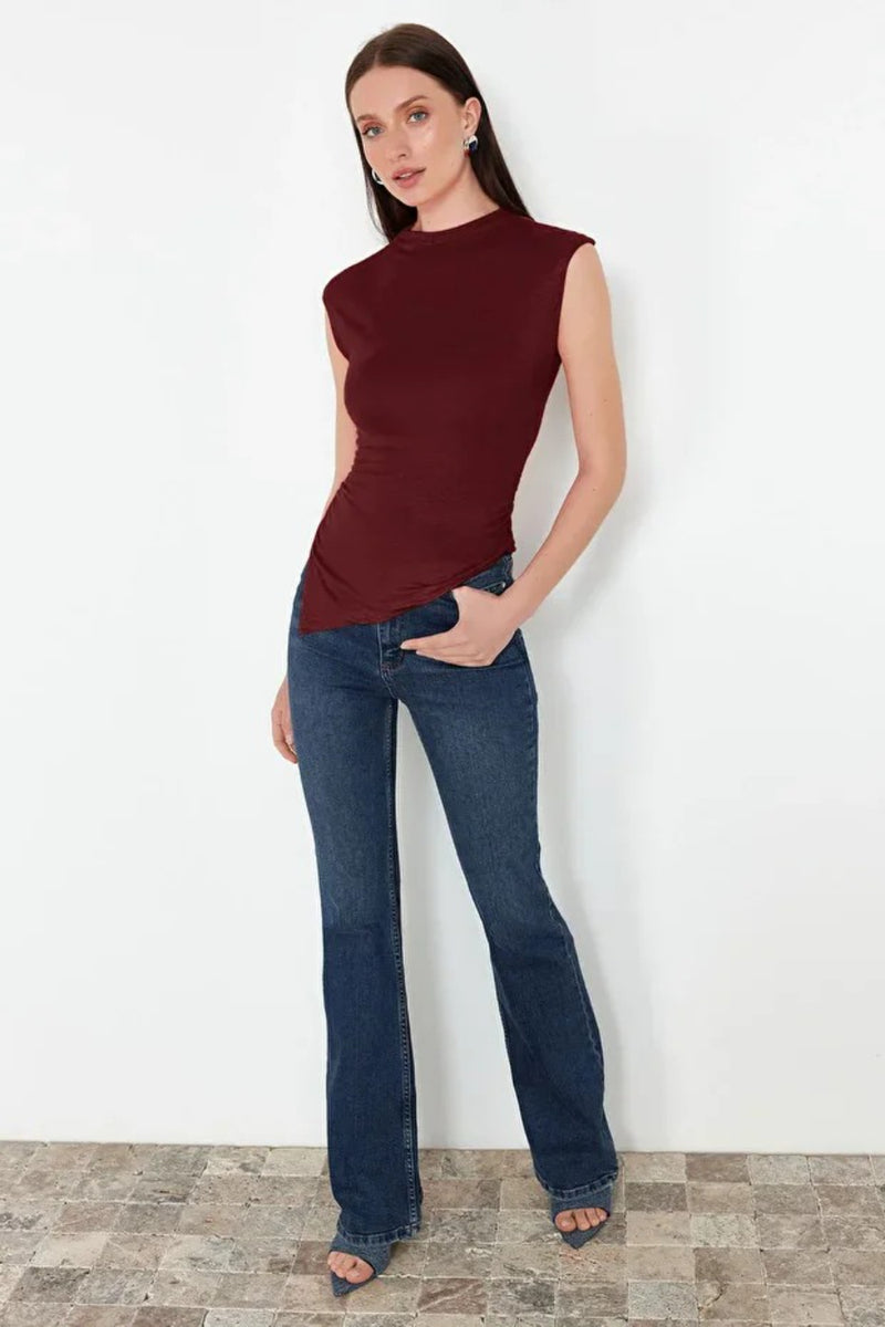 High Neck Asymmetric Fitted Knit Blouse with Draped/Gathered Detail
