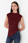 High Neck Asymmetric Fitted Knit Blouse with Draped/Gathered Detail