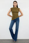 High Neck Asymmetric Fitted Knit Blouse with Draped/Gathered Detail