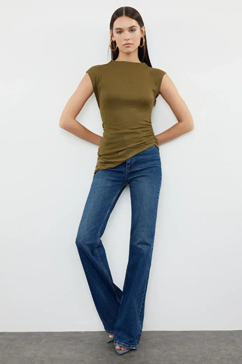 High Neck Asymmetric Fitted Knit Blouse with Draped/Gathered Detail