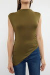 High Neck Asymmetric Fitted Knit Blouse with Draped/Gathered Detail