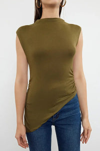 High Neck Asymmetric Fitted Knit Blouse with Draped/Gathered Detail