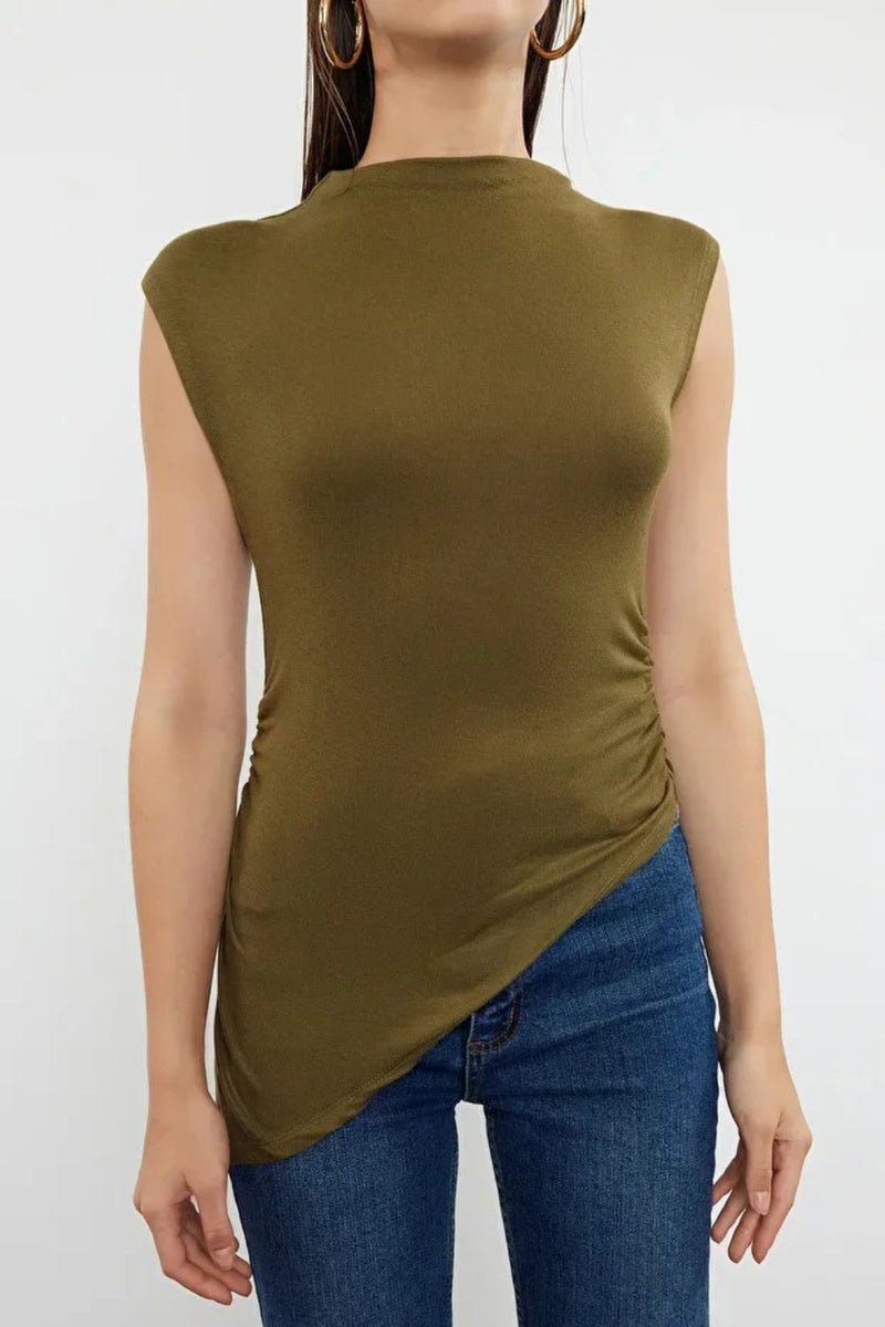 High Neck Asymmetric Fitted Knit Blouse with Draped/Gathered Detail