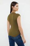High Neck Asymmetric Fitted Knit Blouse with Draped/Gathered Detail