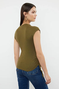High Neck Asymmetric Fitted Knit Blouse with Draped/Gathered Detail