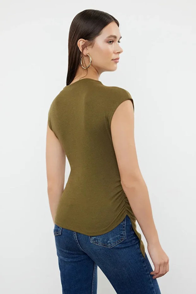 High Neck Asymmetric Fitted Knit Blouse with Draped/Gathered Detail
