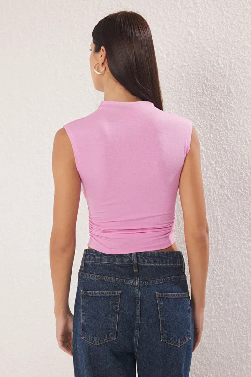 High Neck Asymmetric Fitted Knit Blouse with Draped/Gathered Detail
