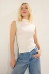 High Neck Asymmetric Fitted Knit Blouse with Draped/Gathered Detail