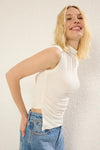 High Neck Asymmetric Fitted Knit Blouse with Draped/Gathered Detail
