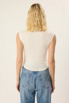 High Neck Asymmetric Fitted Knit Blouse with Draped/Gathered Detail