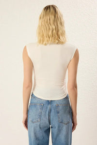 High Neck Asymmetric Fitted Knit Blouse with Draped/Gathered Detail