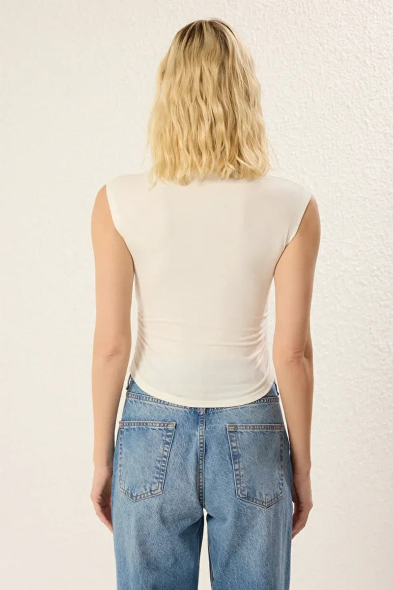 High Neck Asymmetric Fitted Knit Blouse with Draped/Gathered Detail