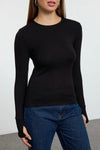 Viscose Soft Fabric Stretch Knit Blouse with Thumbhole Detail