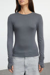 Viscose Soft Fabric Stretch Knit Blouse with Thumbhole Detail