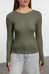 Viscose Soft Fabric Stretch Knit Blouse with Thumbhole Detail
