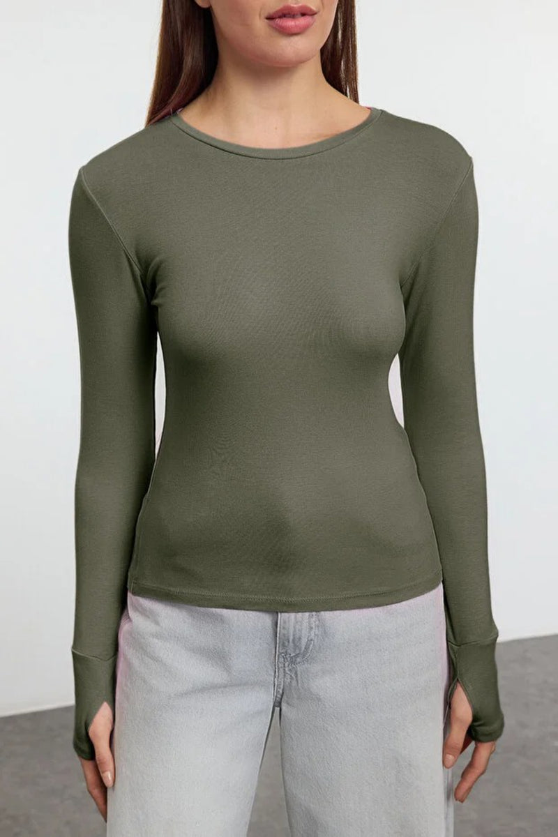 Viscose Soft Fabric Stretch Knit Blouse with Thumbhole Detail