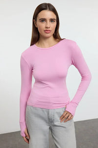 Viscose Soft Fabric Stretch Knit Blouse with Thumbhole Detail