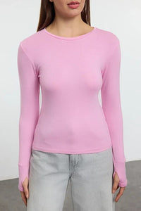 Viscose Soft Fabric Stretch Knit Blouse with Thumbhole Detail