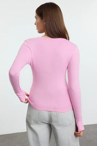 Viscose Soft Fabric Stretch Knit Blouse with Thumbhole Detail