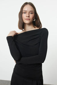 Draped/Gathered Detail Long-Sleeve Stretch Knit Fitted Blouse