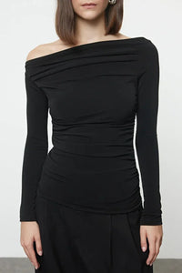 Draped/Gathered Detail Long-Sleeve Stretch Knit Fitted Blouse