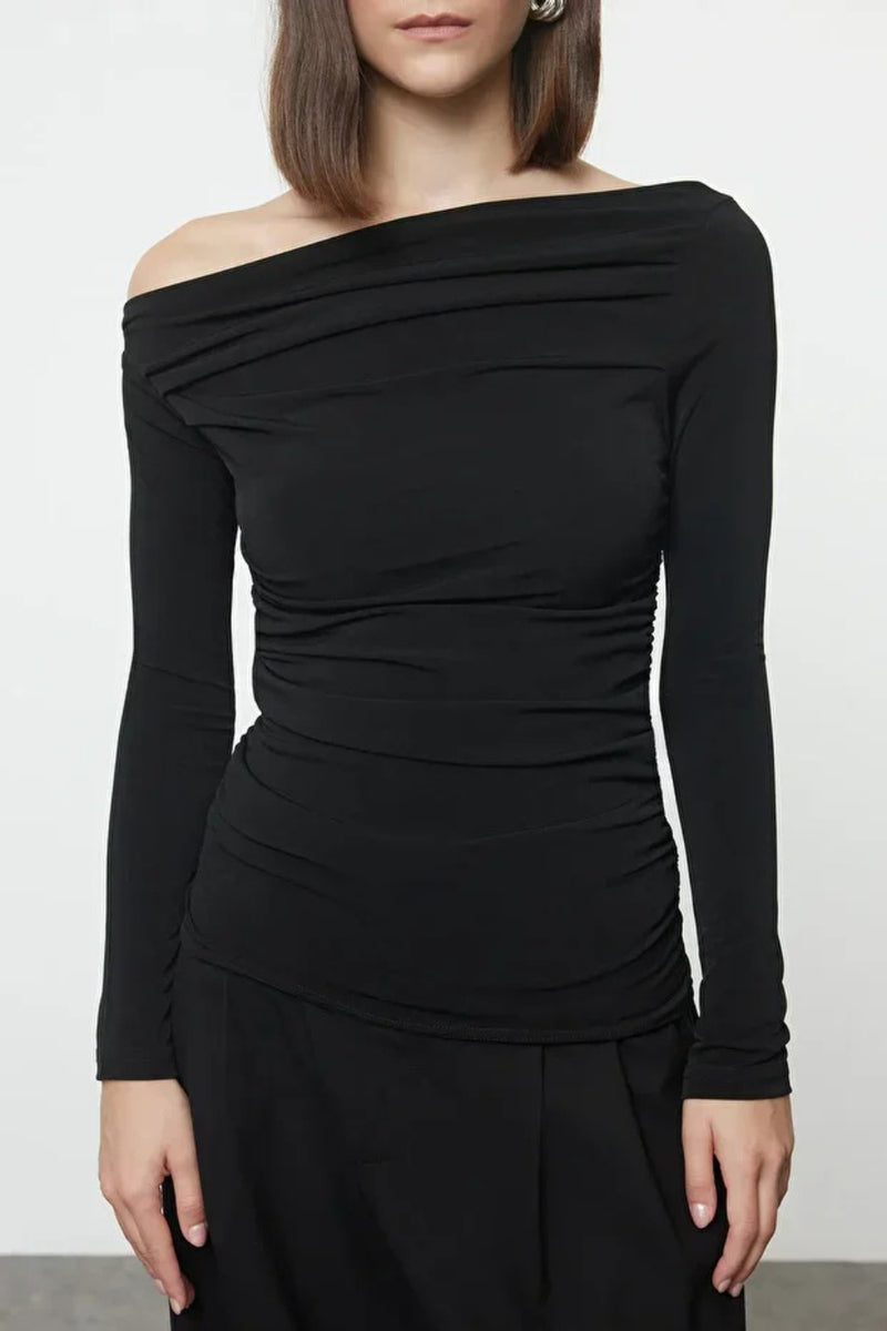 Draped/Gathered Detail Long-Sleeve Stretch Knit Fitted Blouse