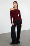 Draped/Gathered Detail Long-Sleeve Stretch Knit Fitted Blouse
