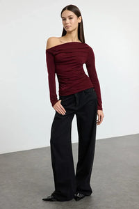 Draped/Gathered Detail Long-Sleeve Stretch Knit Fitted Blouse