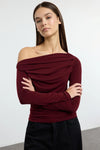 Draped/Gathered Detail Long-Sleeve Stretch Knit Fitted Blouse