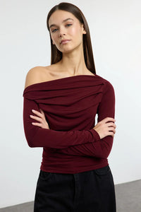 Draped/Gathered Detail Long-Sleeve Stretch Knit Fitted Blouse