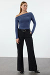 Draped/Gathered Detail Long-Sleeve Stretch Knit Fitted Blouse