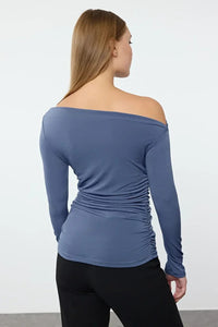 Draped/Gathered Detail Long-Sleeve Stretch Knit Fitted Blouse