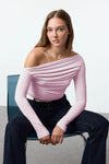 Draped/Gathered Detail Long-Sleeve Stretch Knit Fitted Blouse